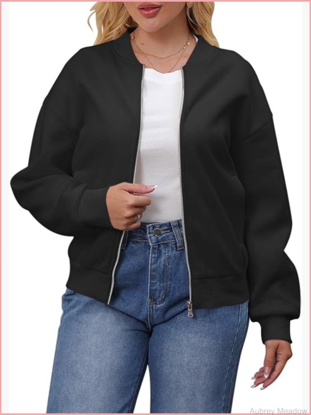 Women's Full Zip Bomber Jacket Loose Fit Long Sleeve Sweatshirt with Pockets